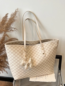 Women's Large Tote Bag Monogram Print PU Leather Shoulder Bag With Puppy Charm Urban Minimalist Versatile Daily Commuter Bag
