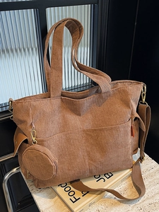 Large Capacity Corduroy Tote Bag For Women With Mini Round Coin Purse Japanese Style Casual Shoulder Crossbody Bag Handbag