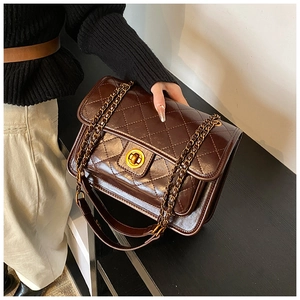 Close-up of dark brown quilted leather handbag with gold chain strap and metal lock