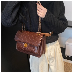 Detail of dark brown quilted shoulder bag with gold twist lock and chain strap
