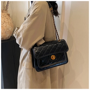 Close-up of quilted black chain bag with gold twist lock and elegant leather strap detail