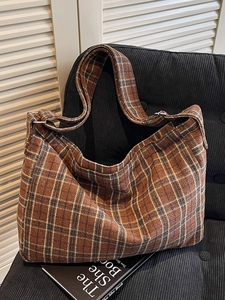 Vintage Plaid Tote Bag For Women Large Capacity Checkered Crossbody Bag Korean Style Casual Fabric Shoulder Bag For School Commute