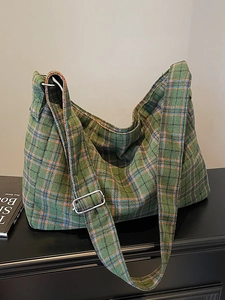 Retro green plaid tote bag with adjustable shoulder strap for women casual daily wear