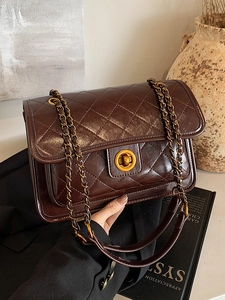 Women Quilted Shoulder Bag PU Leather Chain Crossbody Bag Urban Simple Underarm Bag Flap Turn-lock Gold Hardware Purses
