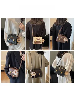 Multiple model views of retro square crossbody bag with dachshund print and charm