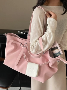 Grande borsa tote rosa in nylon da donna con tasca bianca, borsa a spalla moda quotidiana