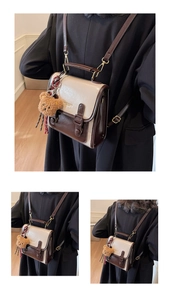 Detail of vintage dual-use backpack with contrast color design and cute bear pendant