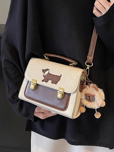 Retro color-block square handbag with dachshund embroidery and plush charm accessory