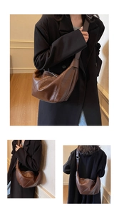 Detailed views of dark brown pleated leather dumpling bag showing texture and silver zipper