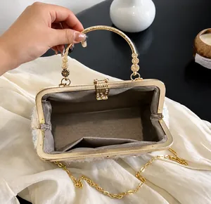 Detail der Vintage-Stickerei-Abendtasche mit Metallgriff und Kette im Innenraum