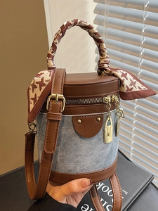 Women Vintage Contrast Color Cylinder Bucket Bag PU Patchwork Handbag With Silk Scarf Handle Gold Lock Pendant Crossbody Bag