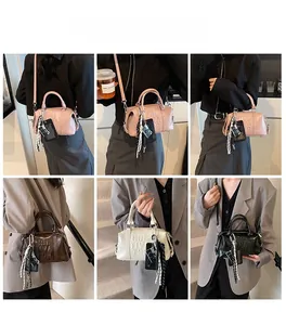 Collage of chic bowling bags with embossed letters in pink, brown, white, and black colors