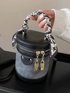 Vintage colorblock cylinder bucket bag with houndstooth scarf handle and lock pendant