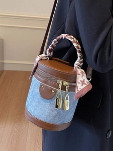 Retro color-block cylindrical handbag with blue denim, brown leather and decorative silk scarf
