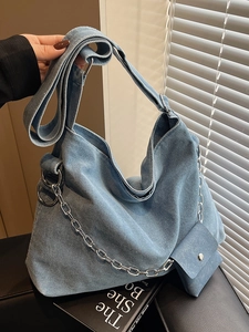 Women Vintage Denim Tote Bag Large Capacity Hobo Crossbody Bag With Silver Chain Decoration Washed Casual Shoulder Bag Student School Bag