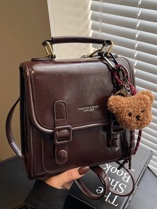 Retro PU Leather Crossbody Bag For Women Vintage Square Handbag With Removable Teddy Bear Charm Dual Shoulder Straps Backpack