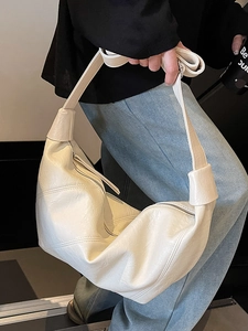 Cream white retro crescent shoulder bag in soft leather with adjustable wide strap for women