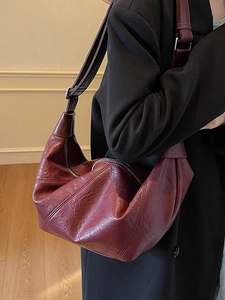 Retro burgundy crescent moon shoulder bag in textured vegan leather for women