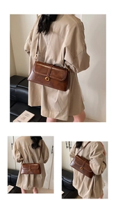 Three-way view of a brown vintage texture leather shoulder bag with golden G buckle detail