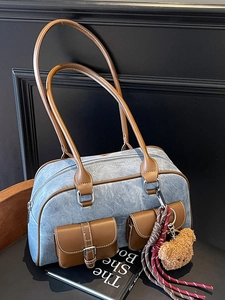 Retro washed denim Boston shoulder bag with brown leather trim and cute plush bear charm