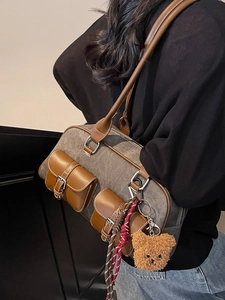 Retro vintage color-block canvas hobo bag with leather straps and bear charm