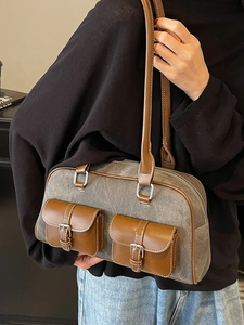 Retro contrast color canvas shoulder bag with brown leather trim and front pockets