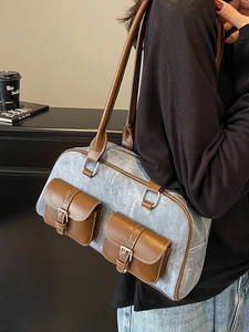 Vintage light blue denim and brown leather underarm Boston bag with pockets