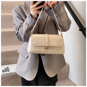 Detail shot of the golden G-shaped buckle and fine texture on the beige leather bag