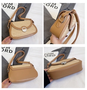 Detail view showing different angles of the brown woven straw saddle bag with leather trim