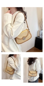 Three lifestyle views of a chic woven shoulder bag with contrasting leather trim