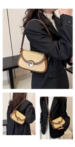 Detail of retro woven crossbody bag with brown leather trim and silver metal lock buckle