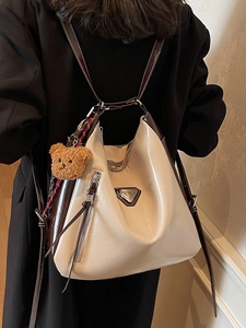 Minimalist large capacity tote bag in cream and brown faux leather with bear charm