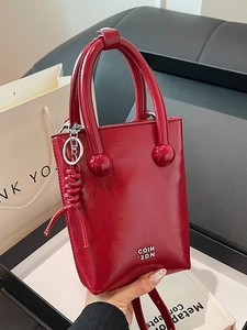 Fashion Women Oil Wax Texture PU Leather Crossbody Phone Bag Minimalist Small Bucket Handbag With Bead Handle And Braided Pendant