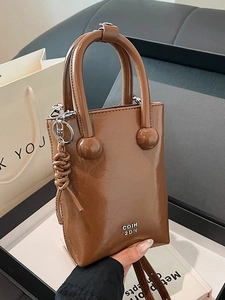 Brown oil wax leather crossbody mobile phone bag with glossy texture and top handles