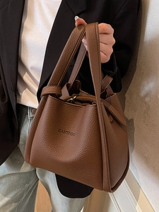 Fashionable dark brown lychee pattern bucket bag with double handles for casual daily use