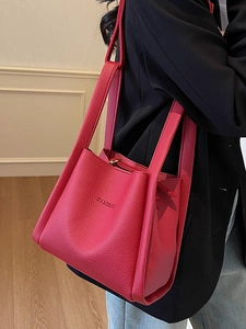 Fashionable bright pink litchi grain leather bucket bag with double handles for women