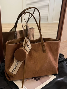 Vintage brown suede tote bag with large capacity and logo patterned shoulder strap