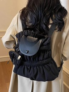 Chic Korean style black pleated nylon backpack for women with small matching pouch