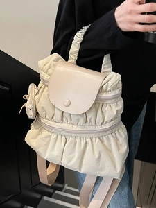 Chic Korean style pleated backpack in beige with adjustable straps and mini coin pouch
