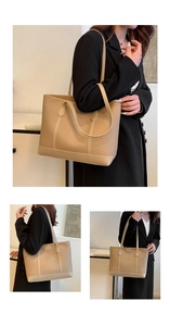 Detalle del bolso tote de cuero color albaricoque con textura de grano fino y costuras