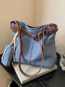 Women Large Capacity PU Denim Style Tote Bag With Contrast Stitching Vintage Shoulder Bag With Mini Pouch Student Commute Handbag