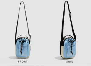 Front and side views of the blue and beige nylon crossbody bag with adjustable strap