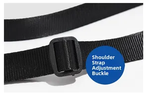 Macro shot of adjustable shoulder strap buckle on black nylon crossbody utility bag