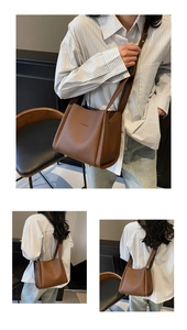 Three views of a brown lychee texture leather bucket bag showing front and side details