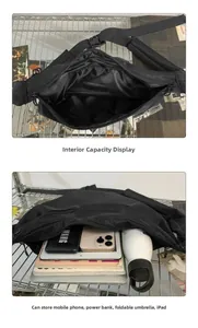 Macro detail of the spacious black nylon crossbody bag interior with tablet and essentials