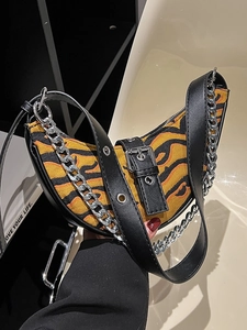 Women Retro Tiger Print Crocodile Texture Crescent Shoulder Bag Fashion Streetwear Underarm Bag With Silver Chain PU Leather