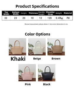 Size chart for high capacity PU tote bucket bag with strap in five classic colors