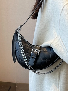 Chic black crocodile pattern crescent bag with chunky silver chain and metal buckle