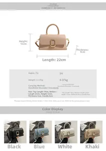 Detailed size chart and specifications for the PU leather crossbody handbag with metal buckle