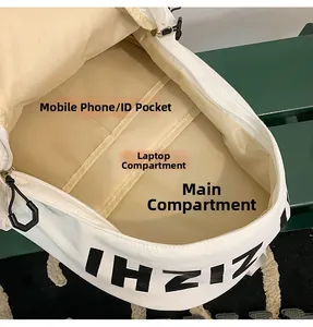 Interior layout of white nylon backpack showing laptop compartment and main pocket